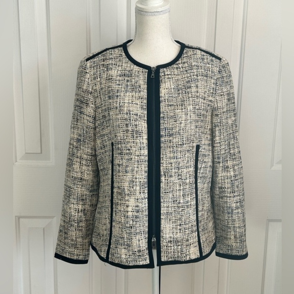 NWOT ANNE KLEIN Women Tweed Blazer, Cream, Black, Blue, Size 12